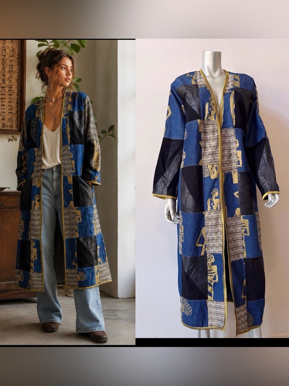 Vintage 90s Molato Patchwork Denim Duster Coat Medium Suede Boho Wearable Art